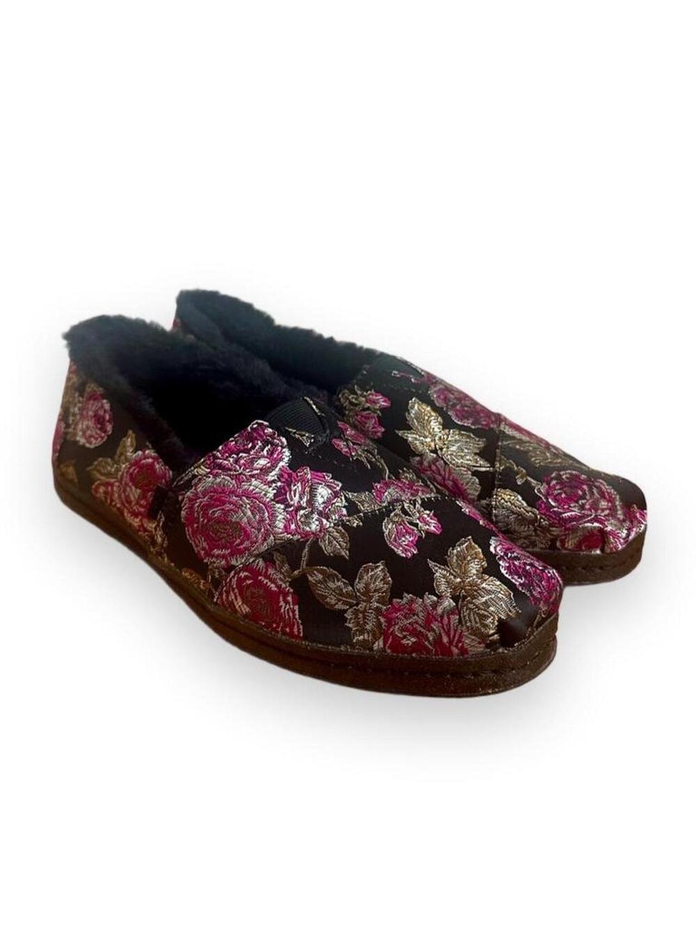 TOMS Women’s Black Pink Gold Metallic Floral Brocade Faux Fur Lined Slip Ons 9M